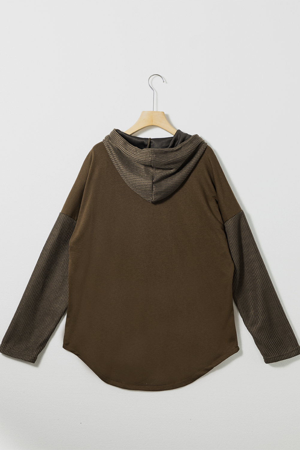 Dark Brown Button Up Contrast Knitted Sleeves Hooded Jacket - Image 4