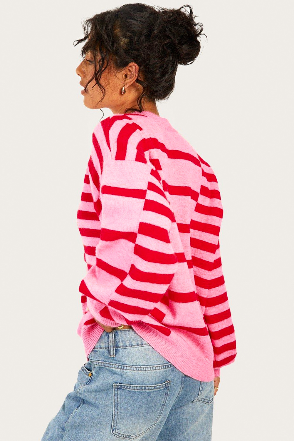 Pink Stripe Bubble Sleeve Drop Shoulder Ribbed Trim Sweater - Image 2