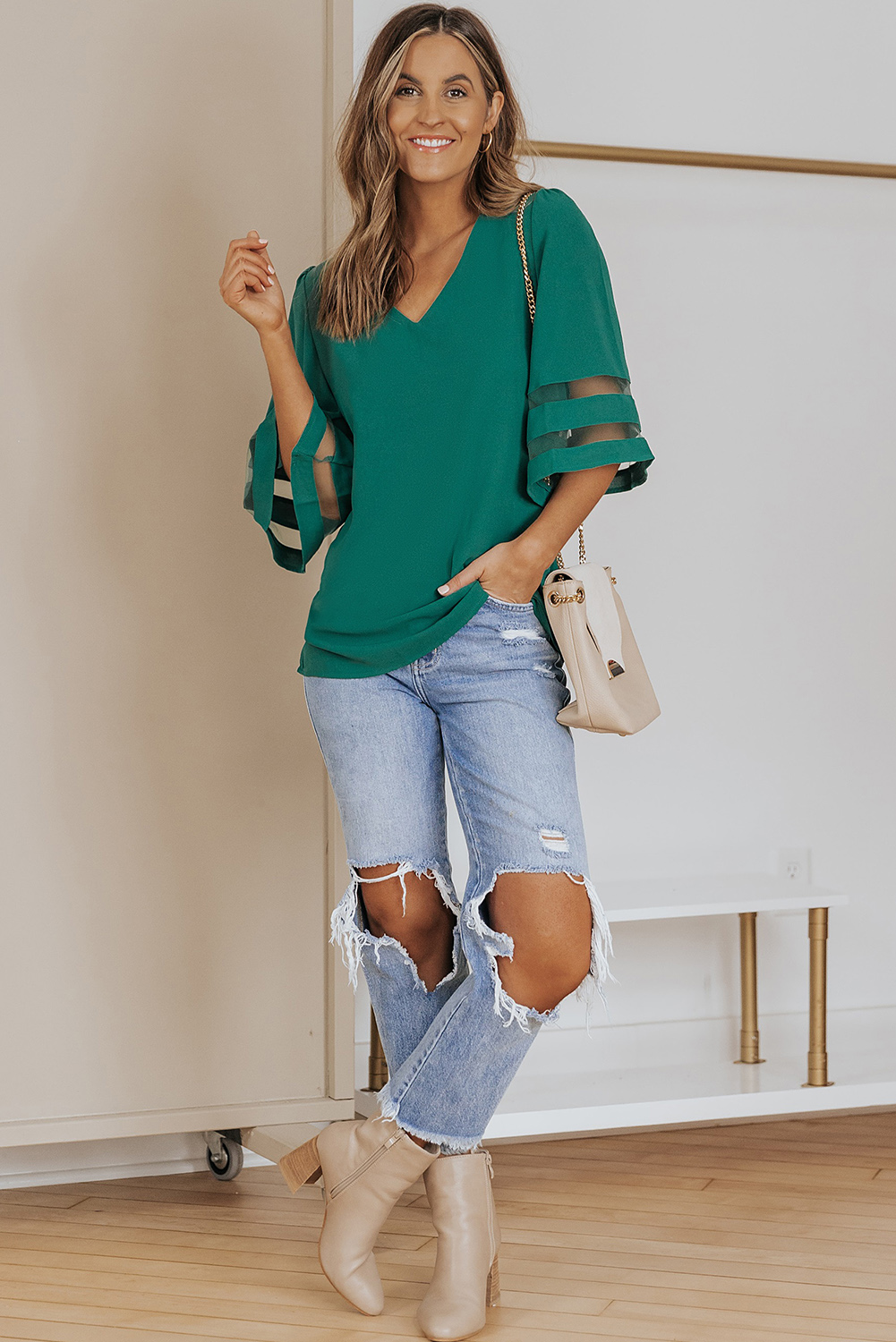 Green Flare Sleeve V Neck Loose Blouse - Image 6