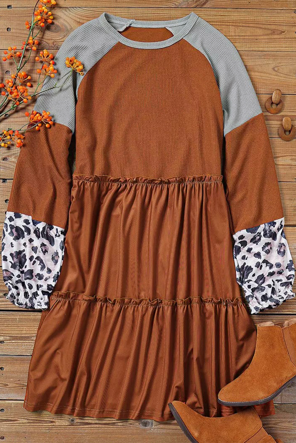 Brown Waffle Knit Leopard Patchwork Long Sleeve Dress - Image 2