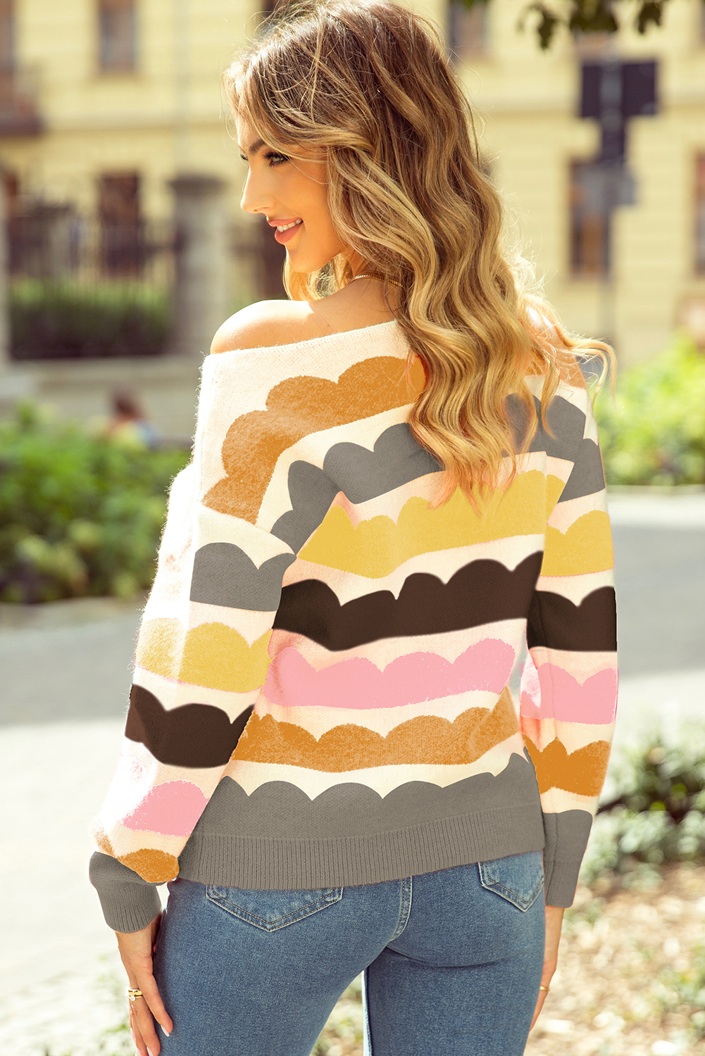 Yellow Wave Striped Balloon Sleeve Drop Shoulder Sweater - Image 2