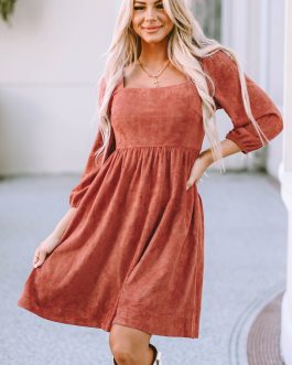 Brown Suede Square Neck Puff Sleeve Dress