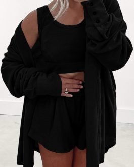 Black 3 Pcs Crop Tank Top Shorts with Cardigan Lounge Set