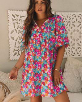 Sky Blue Floral Print Tie Split Neck Bubble Sleeve Babydoll Dress