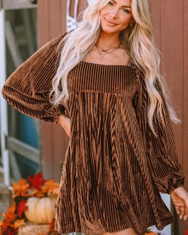 Brown Tie Back Square Neck Velvet Babydoll Dress