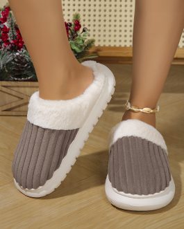Dark Grey Ribbed Plush Color Block Winter Slippers