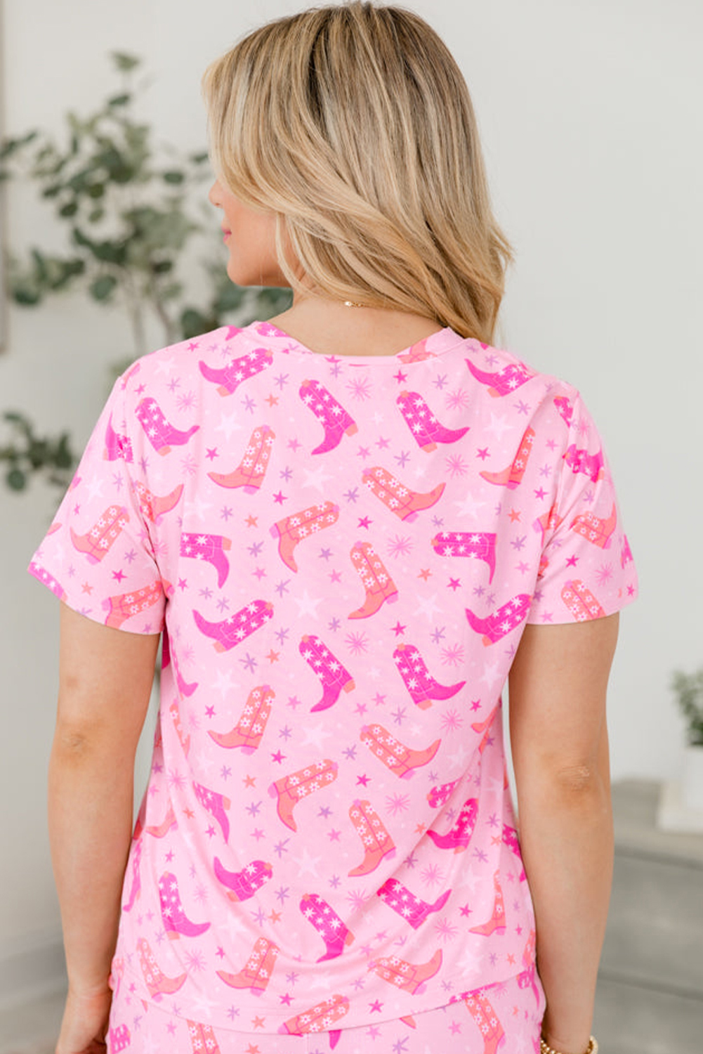 Pink Western Boots Printed Short 2pcs Lounge Set - Image 2