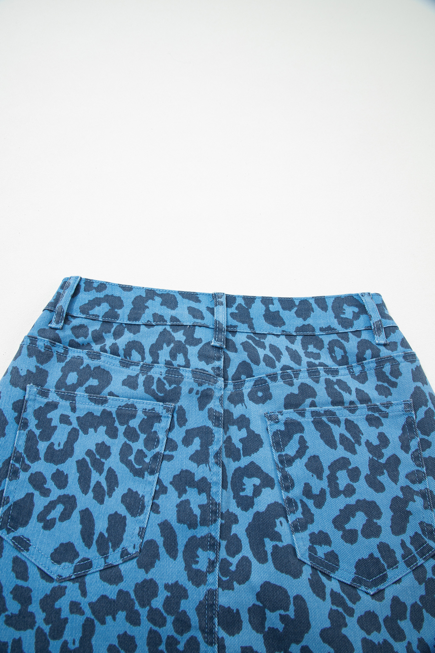 Sky Blue Leopard Denim Frayed Split Denim Midi Skirt - Image 11