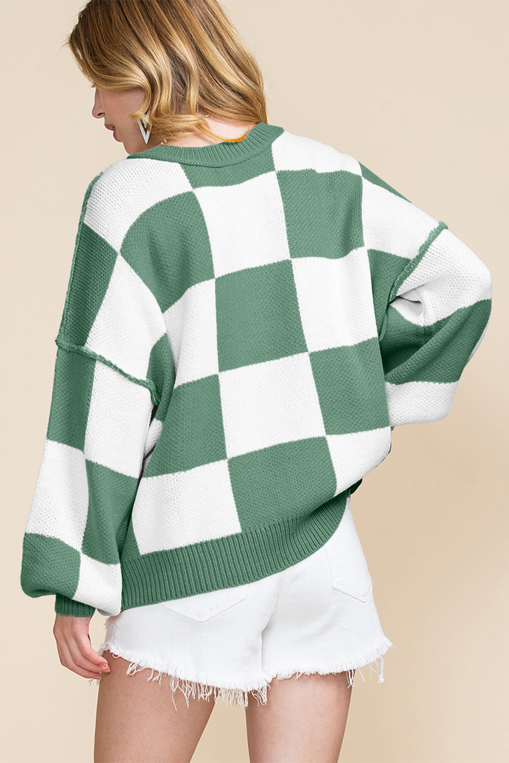Green Checkered Bishop Sleeve Sweater - Image 2