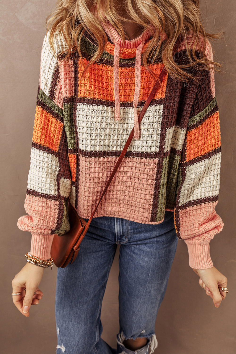 Orange Color Block Waffle Knit Drawstring Mock Neck Sweater - Image 3