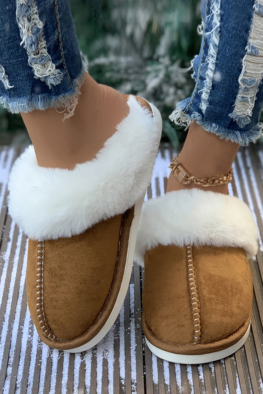 Camel Plush Suede Winter Home Slippers - Image 7