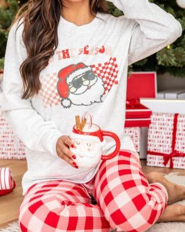 Multicolor Christmas Claus Graphic Top Plaid Pants Lounge Set