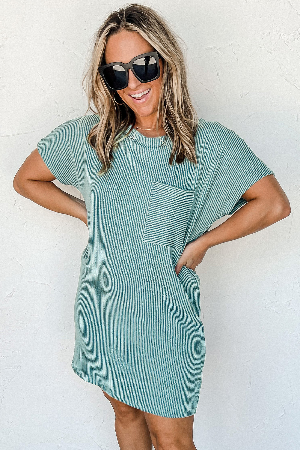 Blue Striped Ribbed Knit T-shirt Shift Dress - Image 6