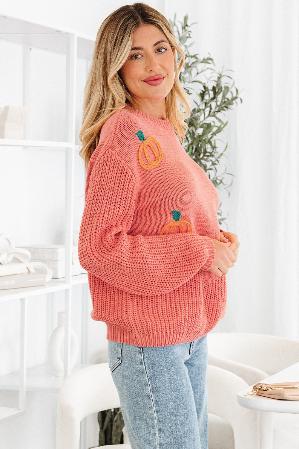 Blossom Pumpkin Embroidered Thanksgiving Holiday Sweater - Image 3