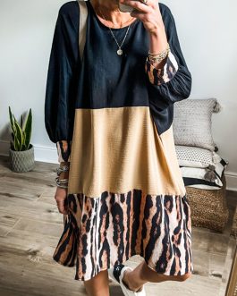 Khaki Printed Tiger Stripe Colorblock Bishop Sleeve Mini Dress