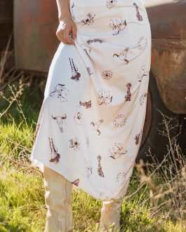 Beige Western Print Satin Long Skirt