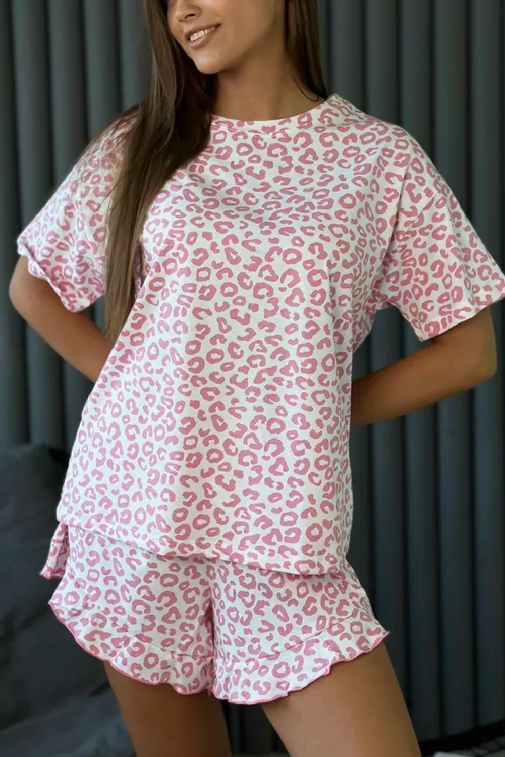 Pink Leopard Print Crew Neck Tee and Ruffled Shorts 2 Lounge Set - Image 3