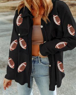 Black Sequined Rugby Flap Pockets Buttoned Shacket