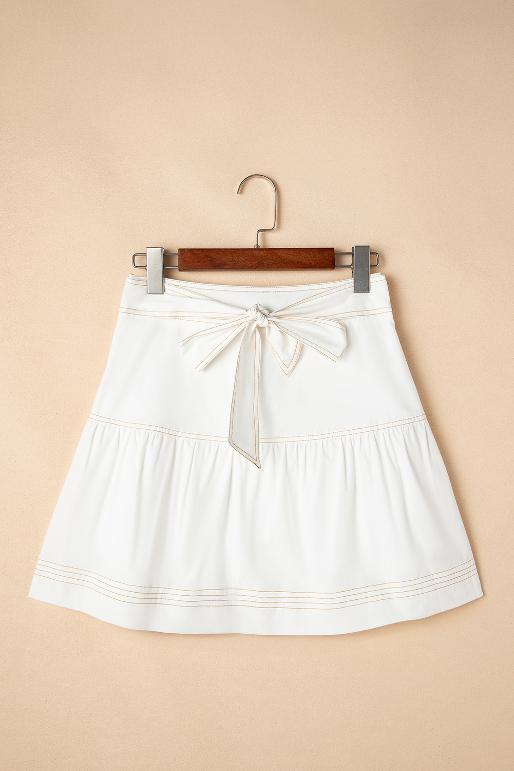 White Contrast Stitching Trim Knotted High Waist A-Line Mini Skirt - Image 3