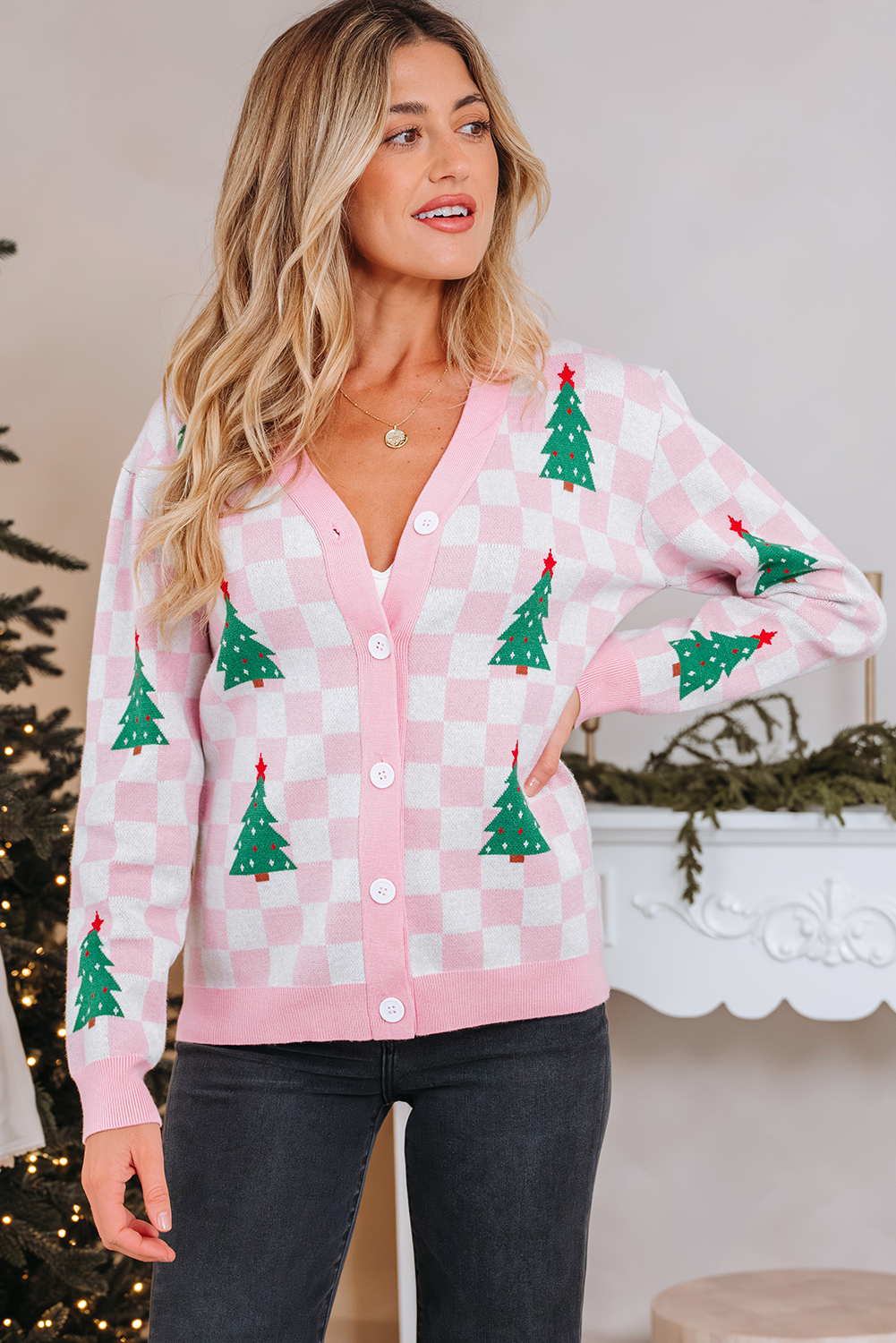 Pink Checkered Christmas Tree Pattern Button V Neck Cardigan Sweater - Image 4