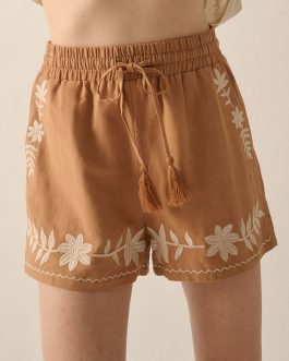 Khaki Embroidered Boho Tasseled Drawstring Elastic Waistband Casual shorts