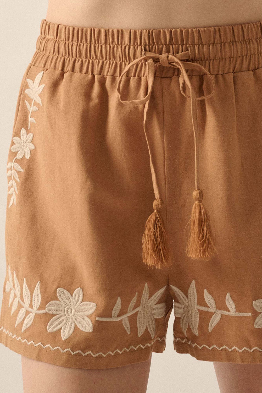 Khaki Embroidered Boho Tasseled Drawstring Elastic Waistband Casual shorts - Image 4
