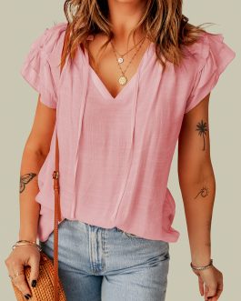Pink Tiered Ruffled Drawstring V Neck Top