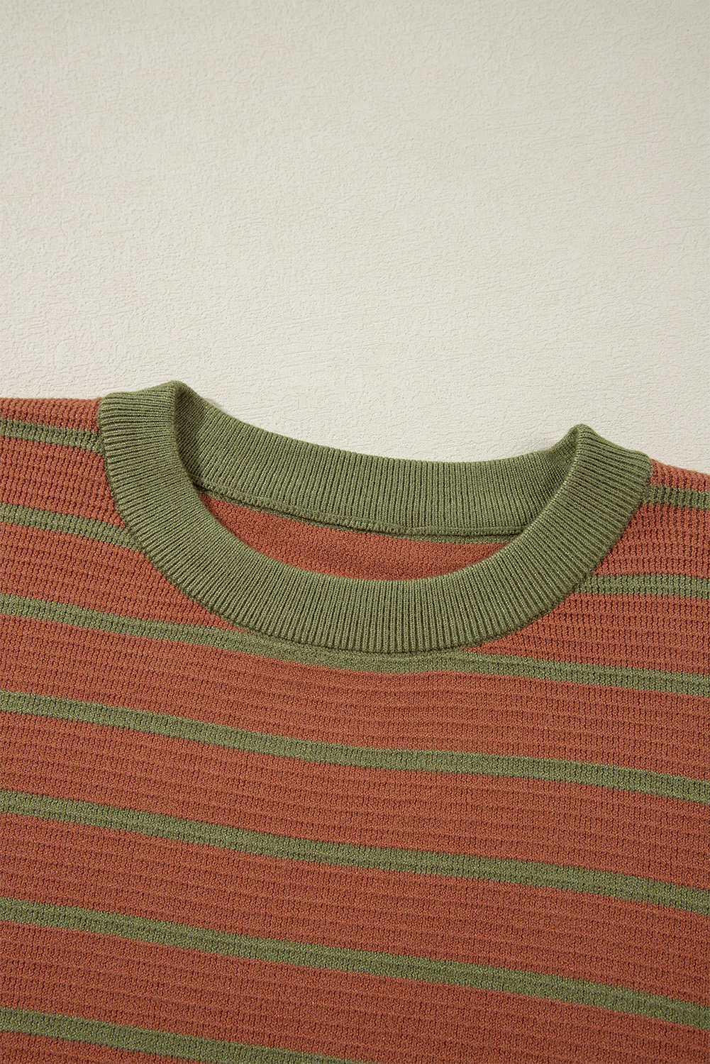 Brown Stripe Trimmed Round Neck Drop Shoulder Loose Sweater - Image 8