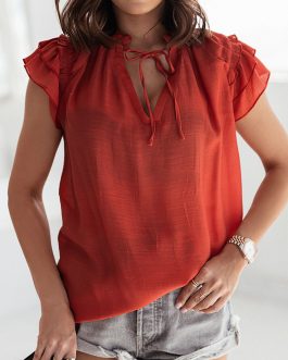 Tiered Ruffled Drawstring V Neck Top