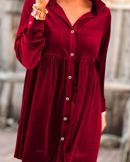Fiery Red Long Sleeve Ruffle Velvet Button Up Dress