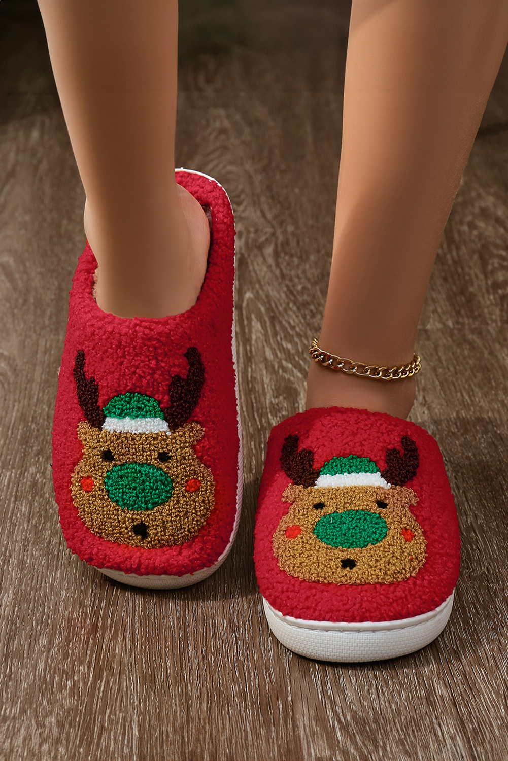Fiery Red Christmas Reindeer Pattern Thick Sole Plush Slippers - Image 2