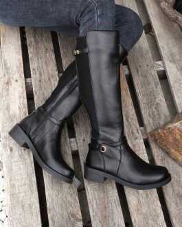 Black Side Zipper Knee High Chunky Low Heel Boots
