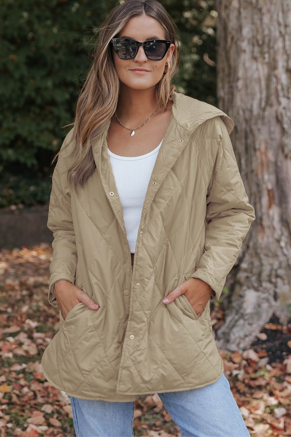 Khaki Quilted Snap Button Hooded Puffer Coat - Image 5