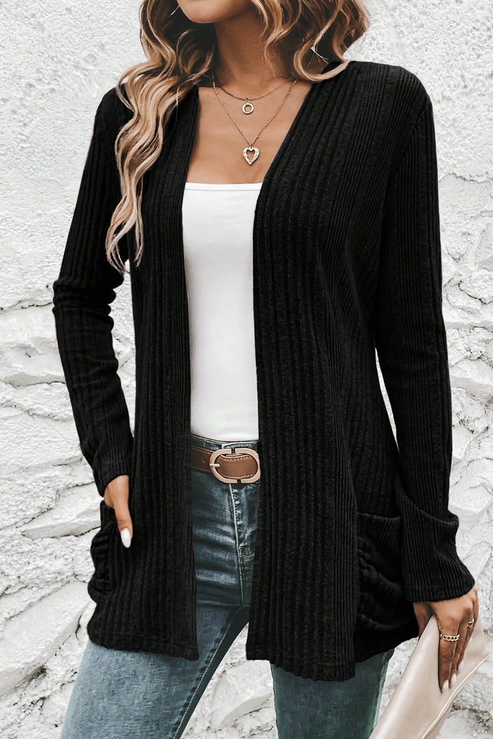 Black Ribbed Open Front Knitted Top with Pockets - Image 5