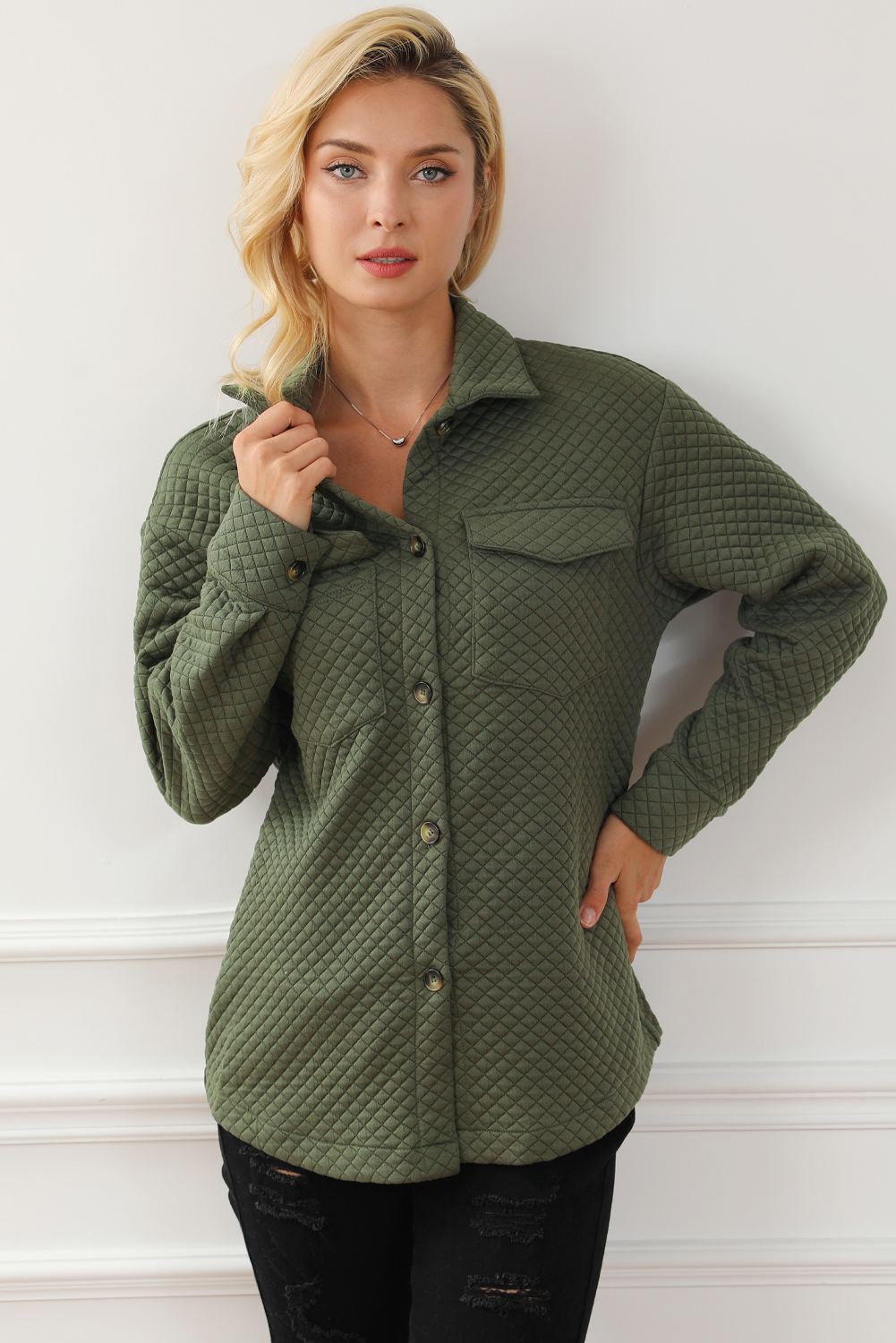 Green Retro Quilted Flap Pocket Button Shacket - Image 8