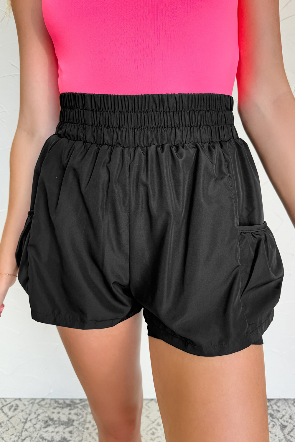 Black Elastic High Waist Pocketed Casual Shorts - Image 8