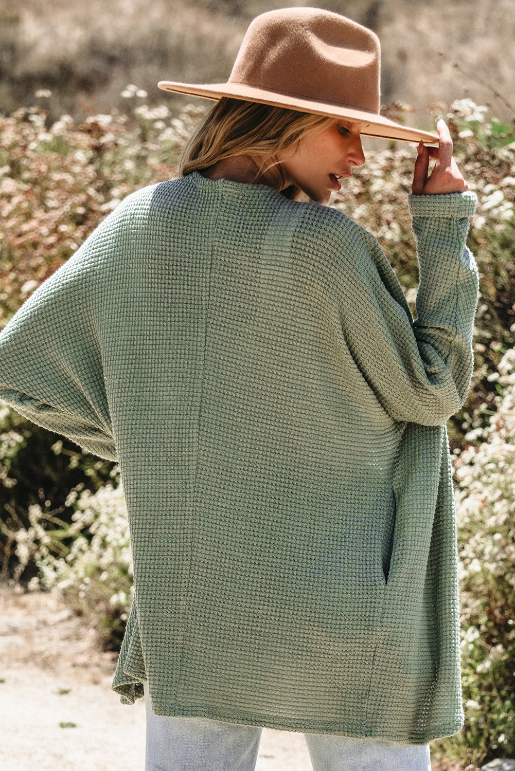 Laurel Green Waffle Knit Open Front Cardigan - Image 2