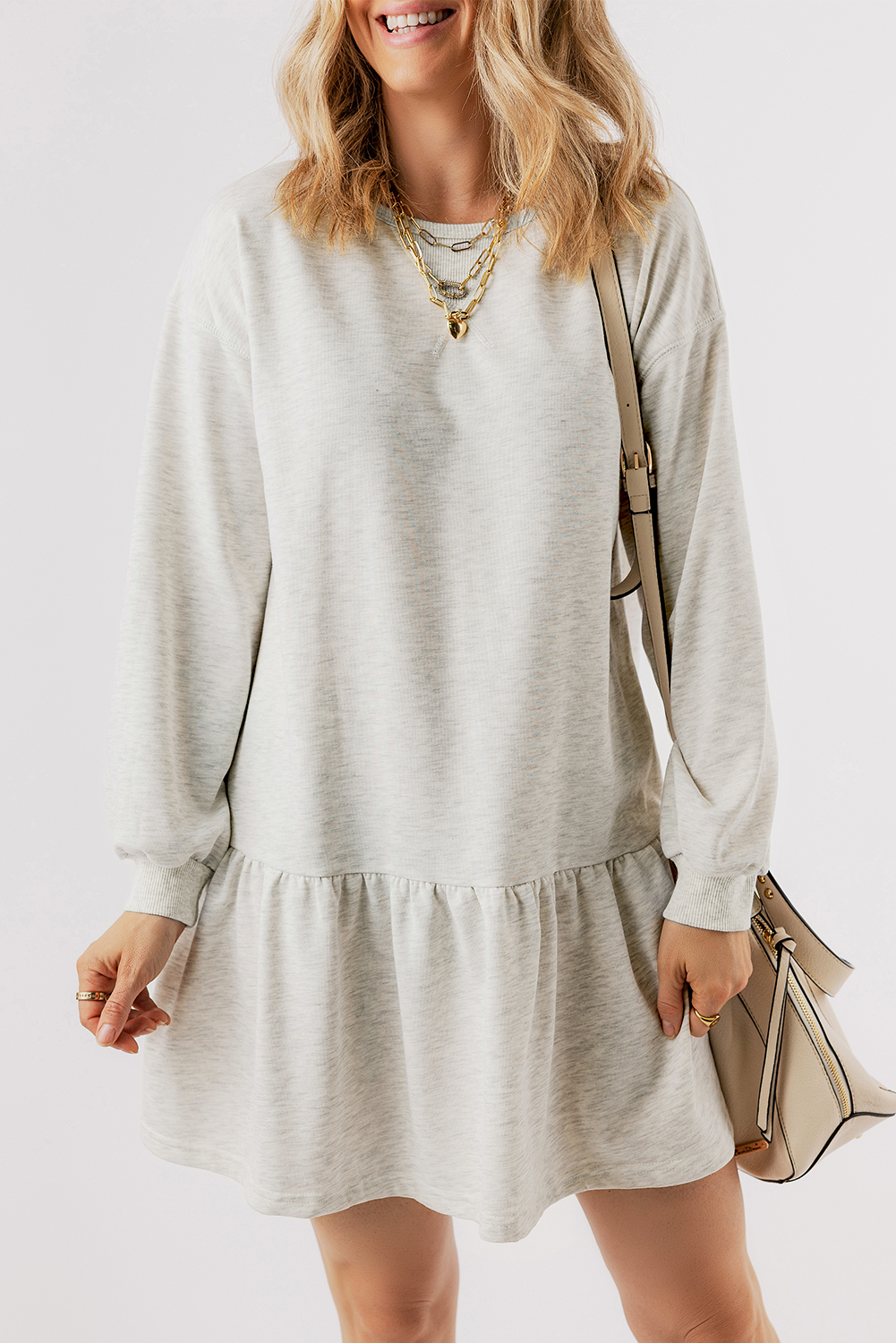 White Solid Color Puff Sleeve Ruffle Hem Mini Dress - Image 5