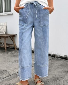 Beau Blue Drawstring Seam Detail Raw Hem Wide Leg Denim Pants