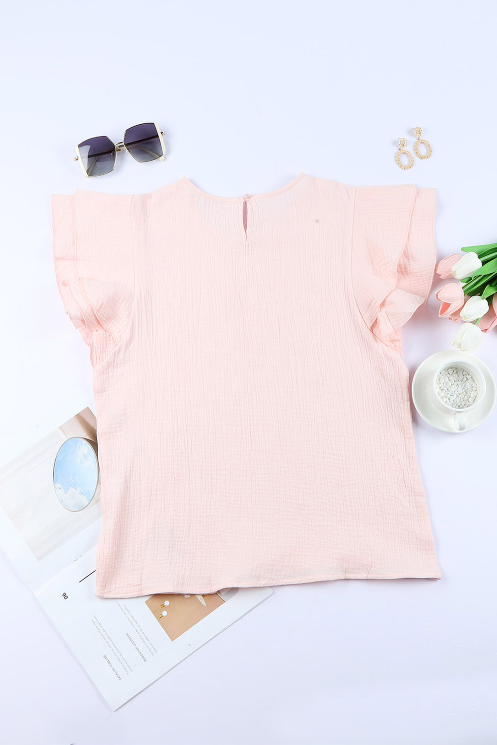 Pink Textured Tiered Ruffled Short Sleeve Blouse - Image 6