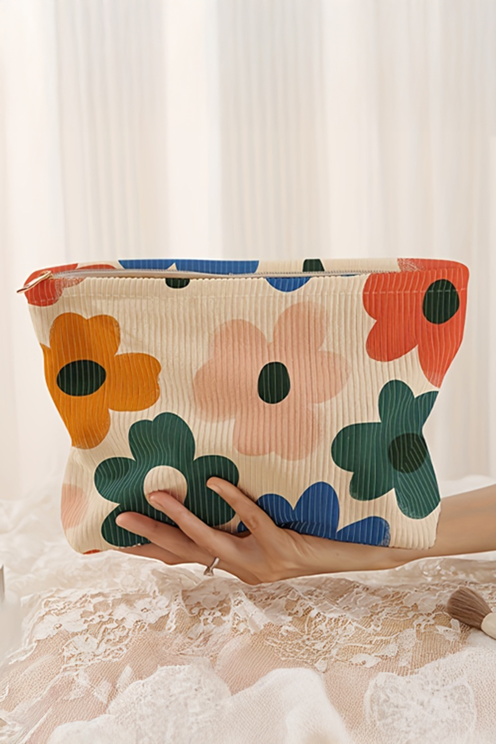 White Floral Print Corduroy Minimalist Storage Bag - Image 2