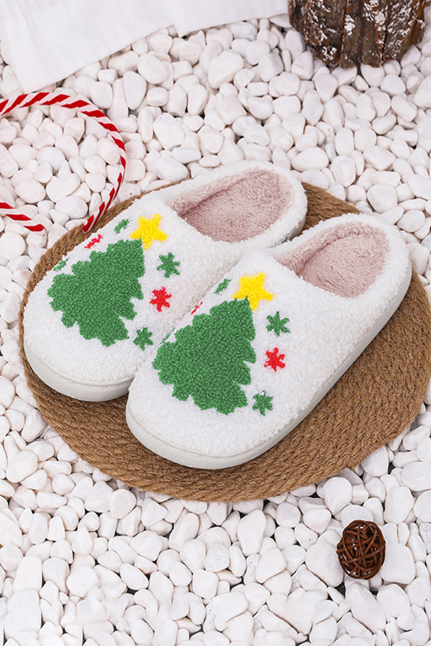White Fuzzy Christmas Tree Pattern Home Slippers - Image 3