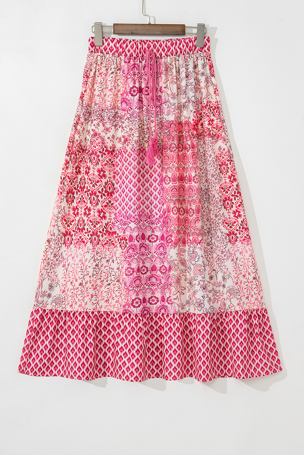 Red Boho Pattern Print Tassel Drawstring Elastic Waistband Maxi Skirt - Image 3