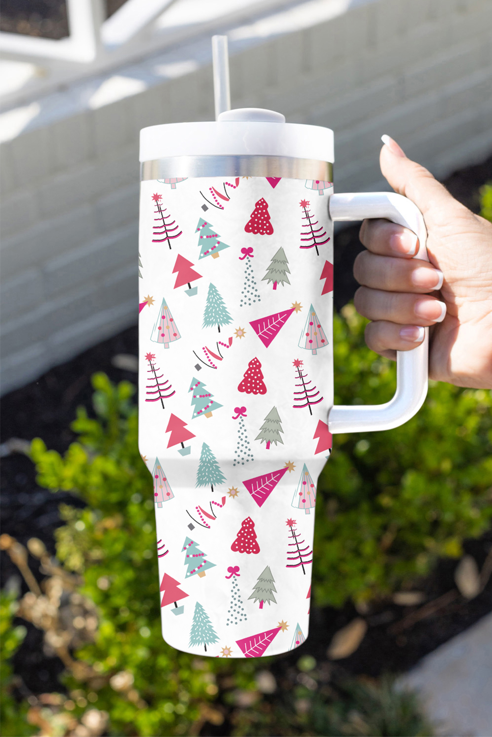 White Cartoon Christmas Tree Printed Thermos Cup 40oz - Image 6