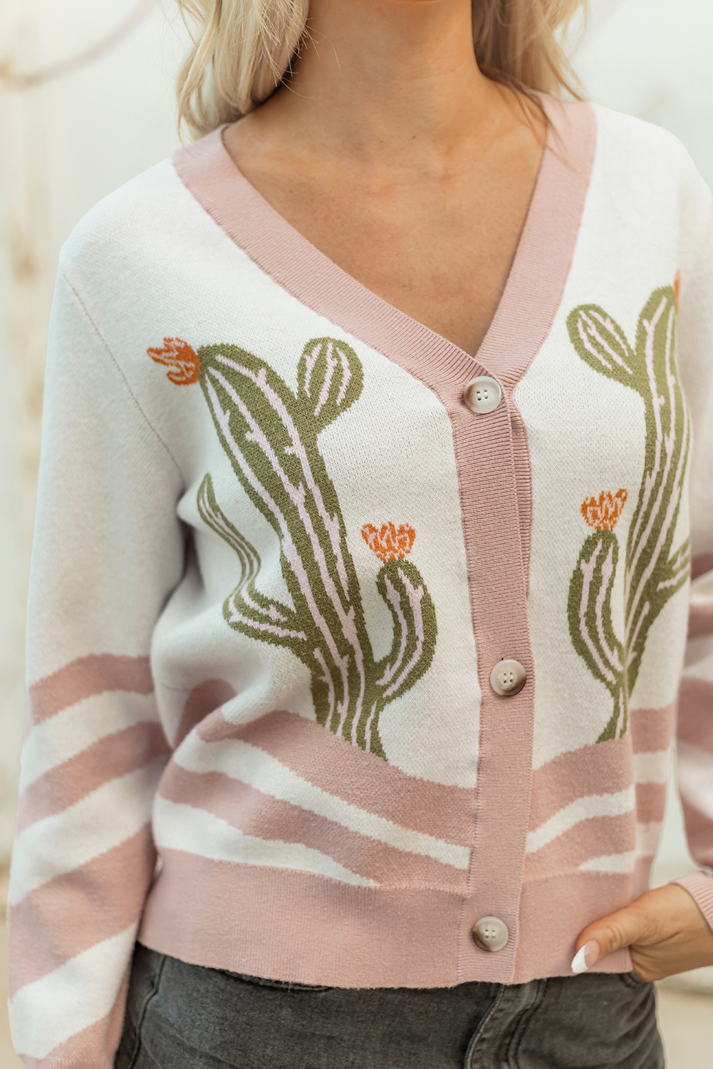 Apricot Desert Cactus Buttoned Front Sweater Cardigan - Image 8
