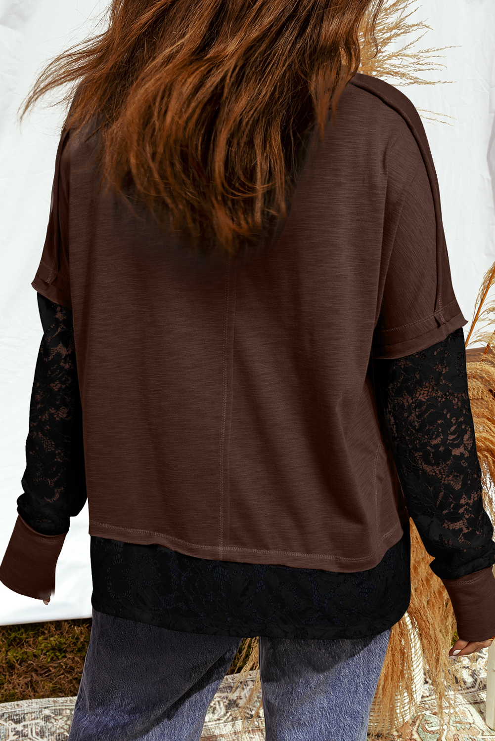 Dark Brown Sheer Lace Patchwork Casual Long Sleeve Tee - Image 2