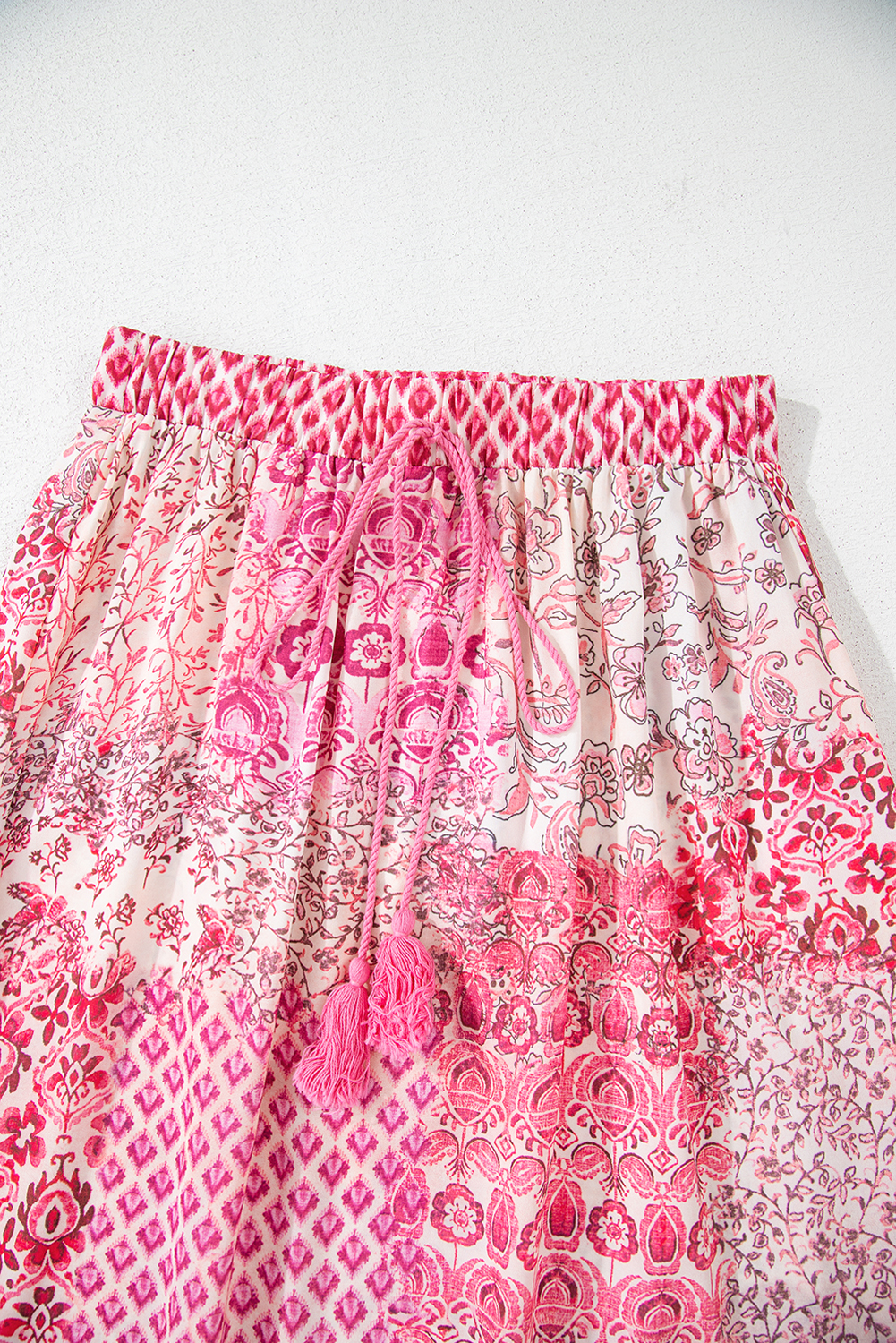 Red Boho Pattern Print Tassel Drawstring Elastic Waistband Maxi Skirt - Image 5