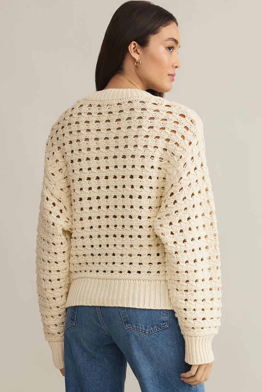 Beige Hollowed Pattern Knit Zip Up Drop Shoulder Sweater Cardigan - Image 2