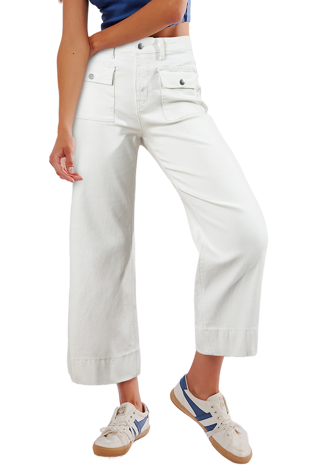 White Flap Pockets Front Straight Cropped Jeans - Image 4