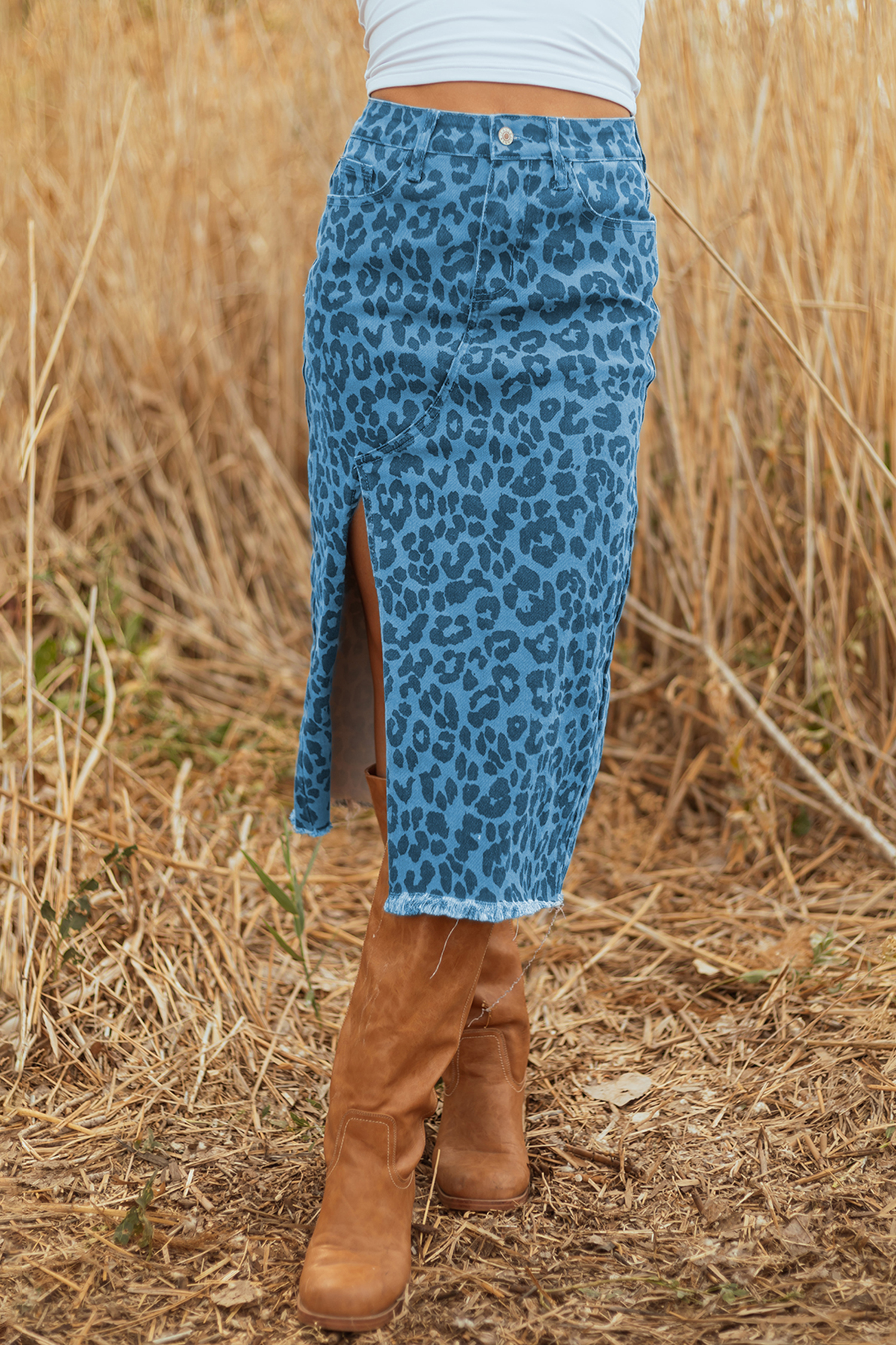 Sky Blue Leopard Denim Frayed Split Denim Midi Skirt - Image 4